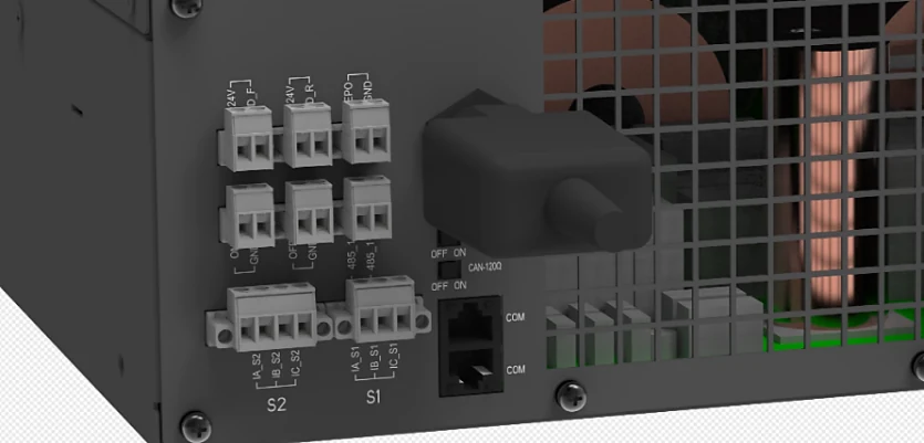 CT wiring terminals (S1/S2), RJ45 and CAN module-paralleling ports and communication DIP switches on the CHITEK Ultra-slim AHF module